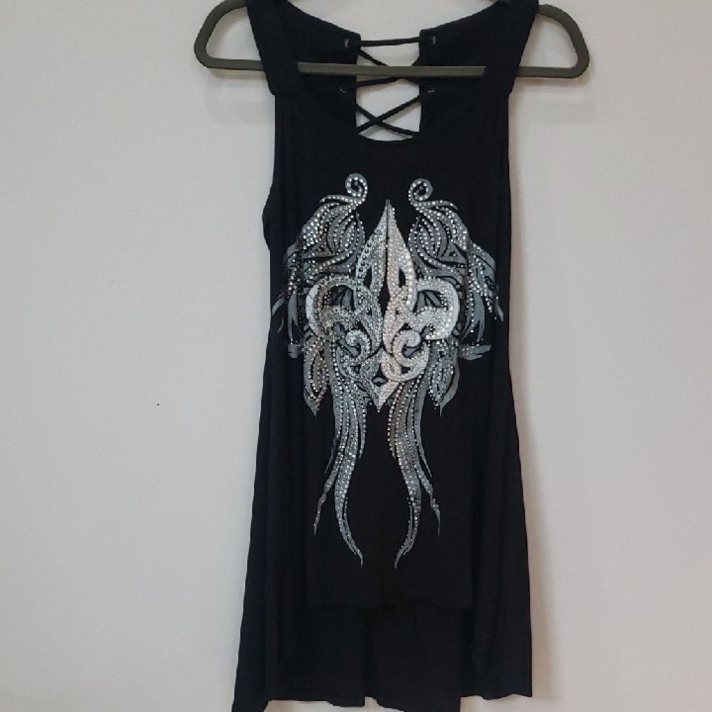 S-Twelve Top Womens S Black Corset Tie Rhinestone Studs Moto Fairy Grunge Witchy